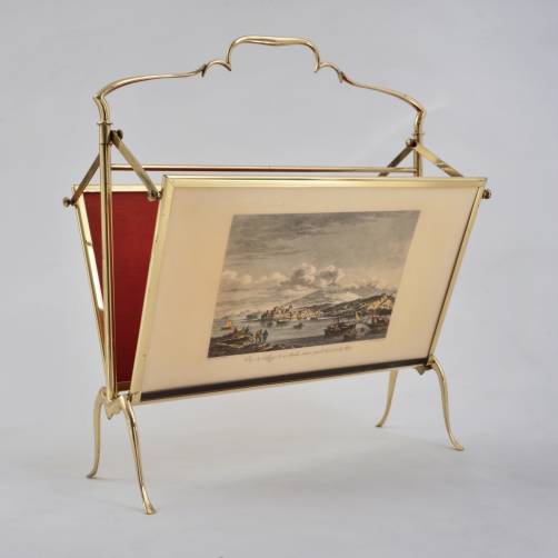 Vintage brass magazine rack, Maison Bagues, with etchings, foldable, 1940`s ca, French